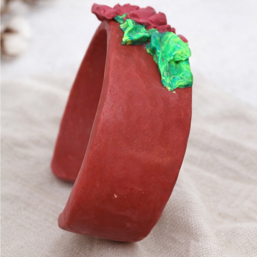 Handmade Red Rose Cuff Bracelet, Romantic Artisan Jewelry Polymer Clay Bracelet - Picture 7 of 9